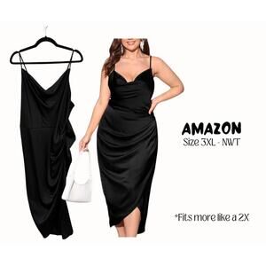 Elegant Black Plus Size Midi Dress with Spaghetti Straps